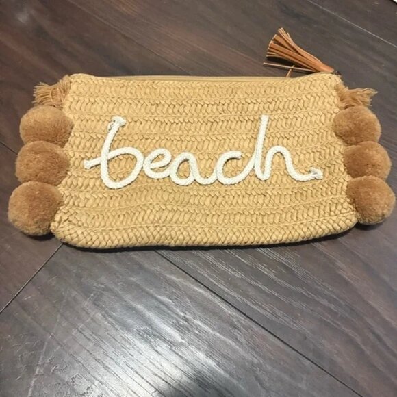 SHEIN Boho 'Beach' Straw Clutch Handwoven Summer Vacation Bag with Pom-Pom Trim - Picture 1 of 4